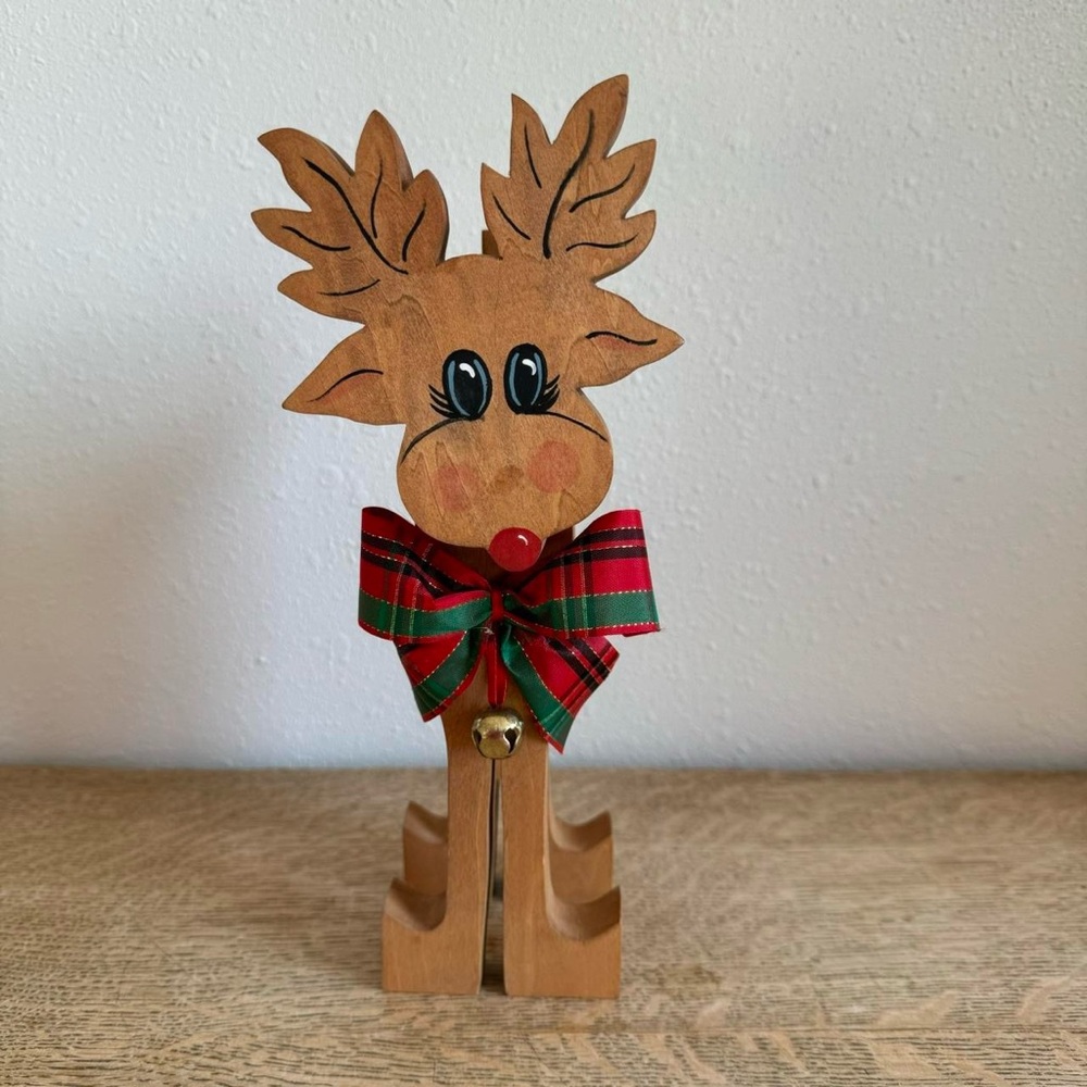 Vintage Handmade Wooden Red Nosed Reindeer